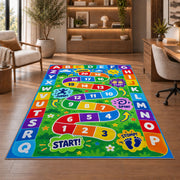 alphabet number movement game rug displayed in a living room with wooden shelves