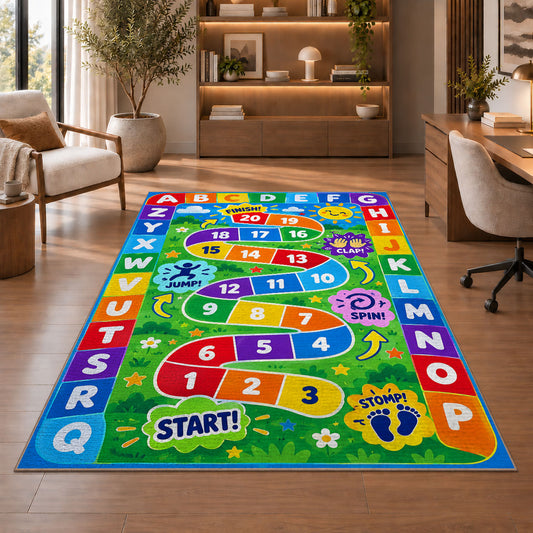 alphabet number movement game rug displayed in a living room with wooden shelves