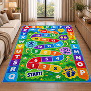 alphabet number movement game rug displayed in a sunlit lounge beside a sofa
