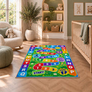 alphabet number movement game rug displayed in a nursery beside an upholstered chair