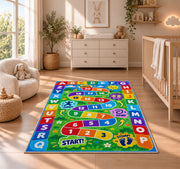 alphabet number movement game rug displayed in a nursery beside a crib