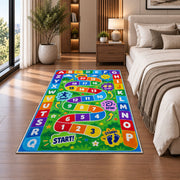 alphabet number movement game rug displayed in a bedroom beside the bed