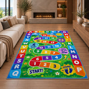 alphabet number movement game rug displayed in a living room with a fireplace