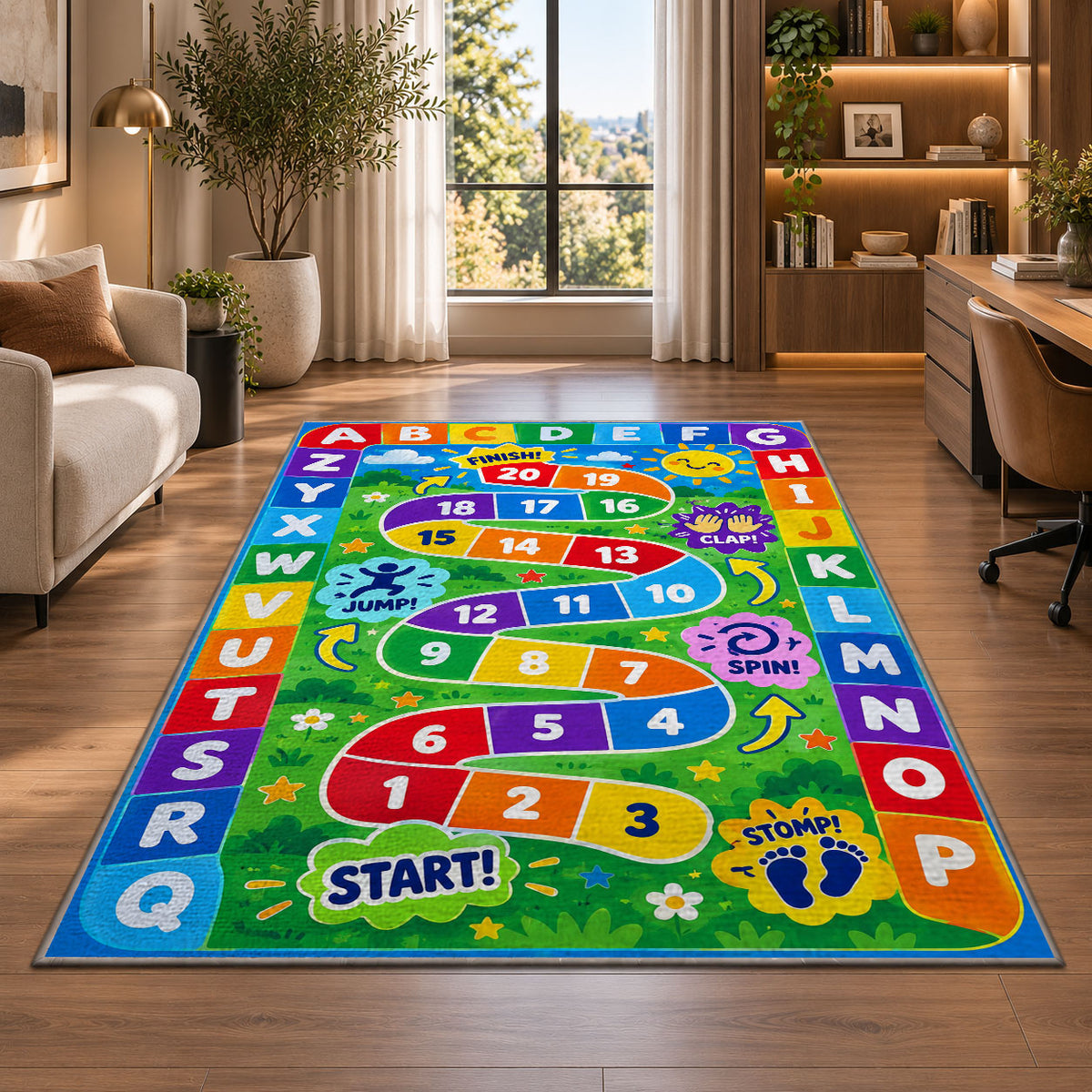 alphabet number movement game rug displayed in a lounge with wooden shelves