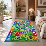 alphabet number movement game rug displayed in a bedroom in sunlight