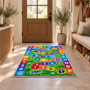 alphabet number movement game rug displayed in a entryway beside a wooden door