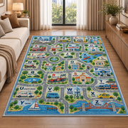 town map alphabet learning rug displayed in a sunlit lounge beside a sofa