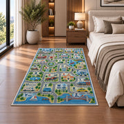 town map alphabet learning rug displayed in a bedroom beside the bed