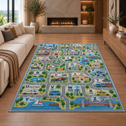 town map alphabet learning rug displayed in a living room with a fireplace