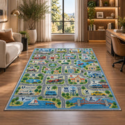 town map alphabet learning rug displayed in a lounge with wooden shelves