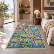 town map alphabet learning rug displayed in a bedroom in sunlight