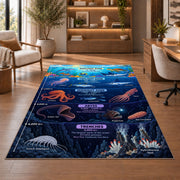 navy ocean layers learning rug displayed in a living room with wooden shelves