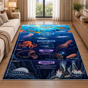 navy ocean layers learning rug displayed in a sunlit lounge beside a sofa