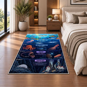 navy ocean layers learning rug displayed in a bedroom beside the bed
