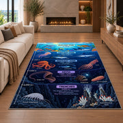 navy ocean layers learning rug displayed in a living room with a fireplace