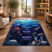 navy ocean layers learning rug displayed in a lounge with wooden shelves