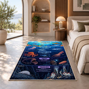 navy ocean layers learning rug displayed in a bedroom in sunlight