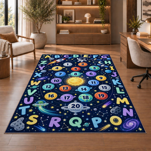 space alphabet number trail rug displayed in a living room with wooden shelves