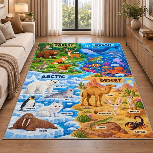 friendly wildlife four habitat explorer rug displayed in a sunlit lounge beside a sofa