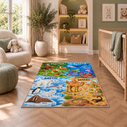 friendly wildlife four habitat explorer rug displayed in a nursery beside an upholstered chair