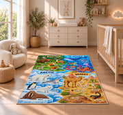 friendly wildlife four habitat explorer rug displayed in a nursery beside a crib