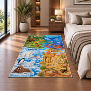 friendly wildlife four habitat explorer rug displayed in a bedroom beside the bed