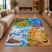 friendly wildlife four habitat explorer rug displayed in a living room with a fireplace