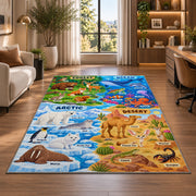 friendly wildlife four habitat explorer rug displayed in a lounge with wooden shelves