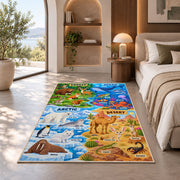 friendly wildlife four habitat explorer rug displayed in a bedroom in sunlight