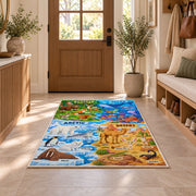 friendly wildlife four habitat explorer rug displayed in a entryway beside a wooden door