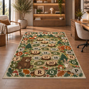 woodland alphabet number trail rug displayed in a living room with wooden shelves