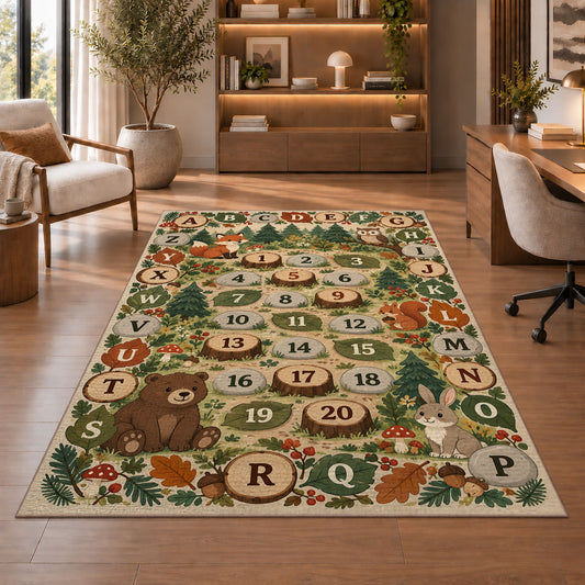 woodland alphabet number trail rug displayed in a living room with wooden shelves