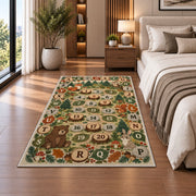 woodland alphabet number trail rug displayed in a bedroom beside the bed