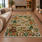 woodland alphabet number trail rug displayed in a living room with a fireplace