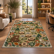 woodland alphabet number trail rug displayed in a lounge with wooden shelves