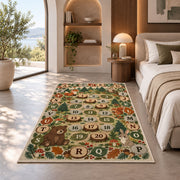 woodland alphabet number trail rug displayed in a bedroom in sunlight