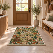 woodland alphabet number trail rug displayed in a entryway beside a wooden door