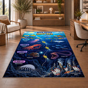 Submarine deep sea discovery rug displayed in a living room with wooden shelves