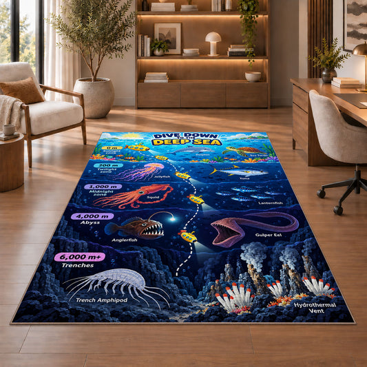 Submarine deep sea discovery rug displayed in a living room with wooden shelves