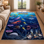 submarine deep sea discovery rug displayed in a sunlit lounge beside a sofa