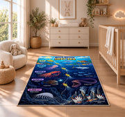submarine deep sea discovery rug displayed in a nursery beside a crib
