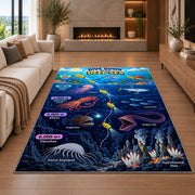 submarine deep sea discovery rug displayed in a living room with a fireplace