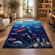 submarine deep sea discovery rug displayed in a lounge with wooden shelves