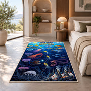 submarine deep sea discovery rug displayed in a bedroom in sunlight