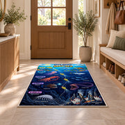 submarine deep sea discovery rug displayed in a entryway beside a wooden door