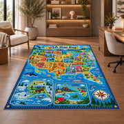 blue usa explorer map rug displayed in a living room with wooden shelves