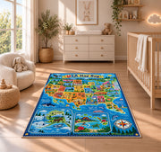 blue usa explorer map rug displayed in a nursery beside a crib