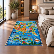 blue usa explorer map rug displayed in a bedroom beside the bed
