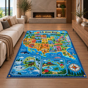 blue usa explorer map rug displayed in a living room with a fireplace