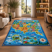blue usa explorer map rug displayed in a lounge with wooden shelves